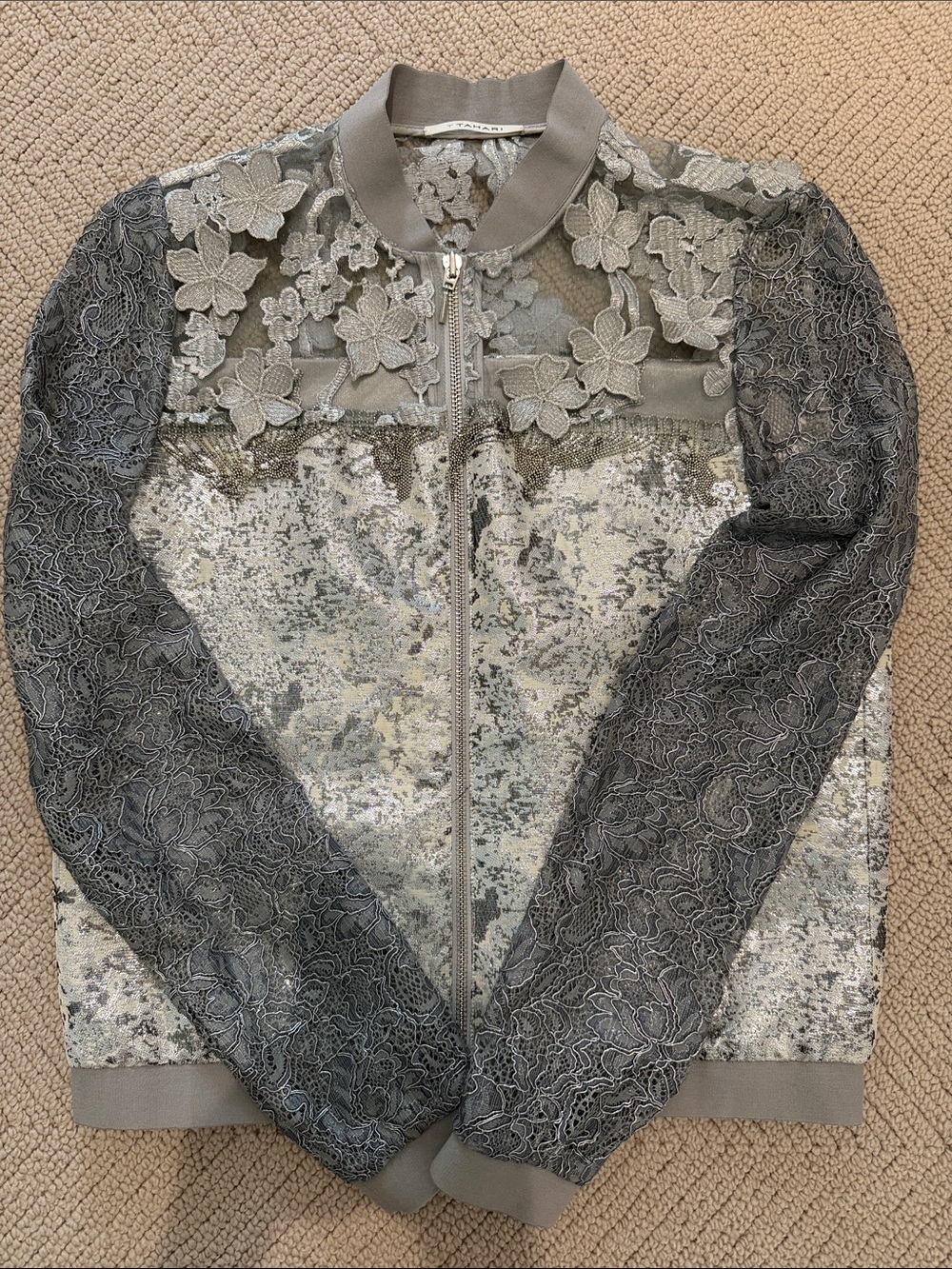 Tahari Gray Lace & Sequin Bomber Jacket